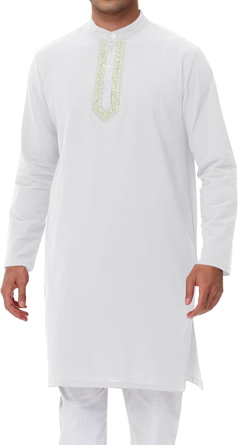 kurta Homme en Coton et Lin Manches Longues Traditionnel